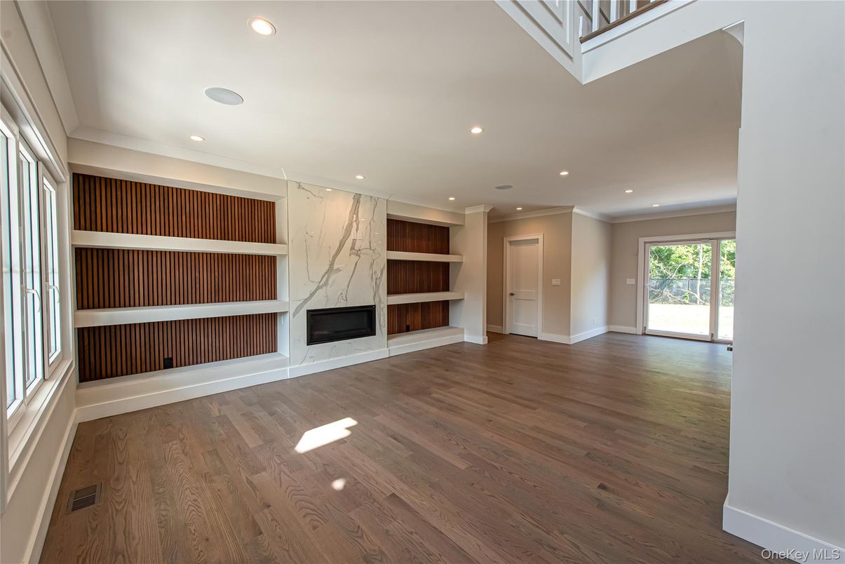 Empty room, Fireplace, Interior, Recessed Lighting, Wood Texture Flooring