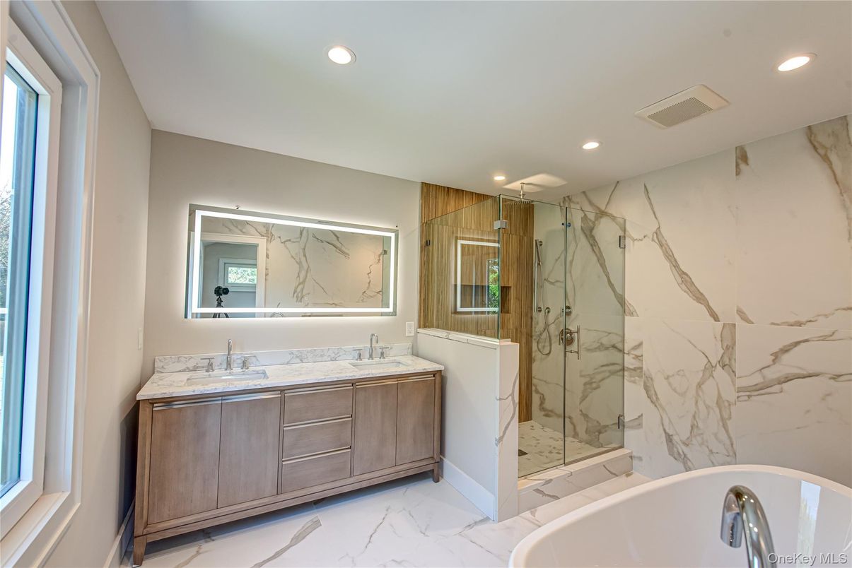 Bathroom, Glass Shower, Interior, Marble, Marble Walls, Recessed Lighting