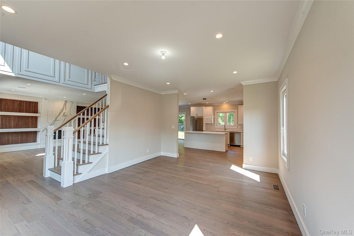 Interior, Kitchen, Marble Walls, Recessed Lighting, Wood Texture Flooring