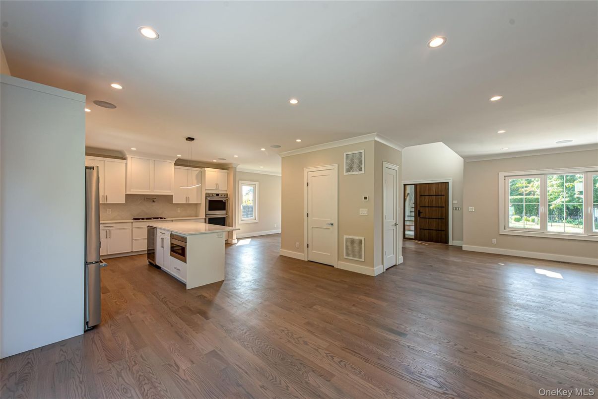 Empty room, Interior, Kitchen, Pendant Lights, Recessed Lighting, Wood Texture Flooring