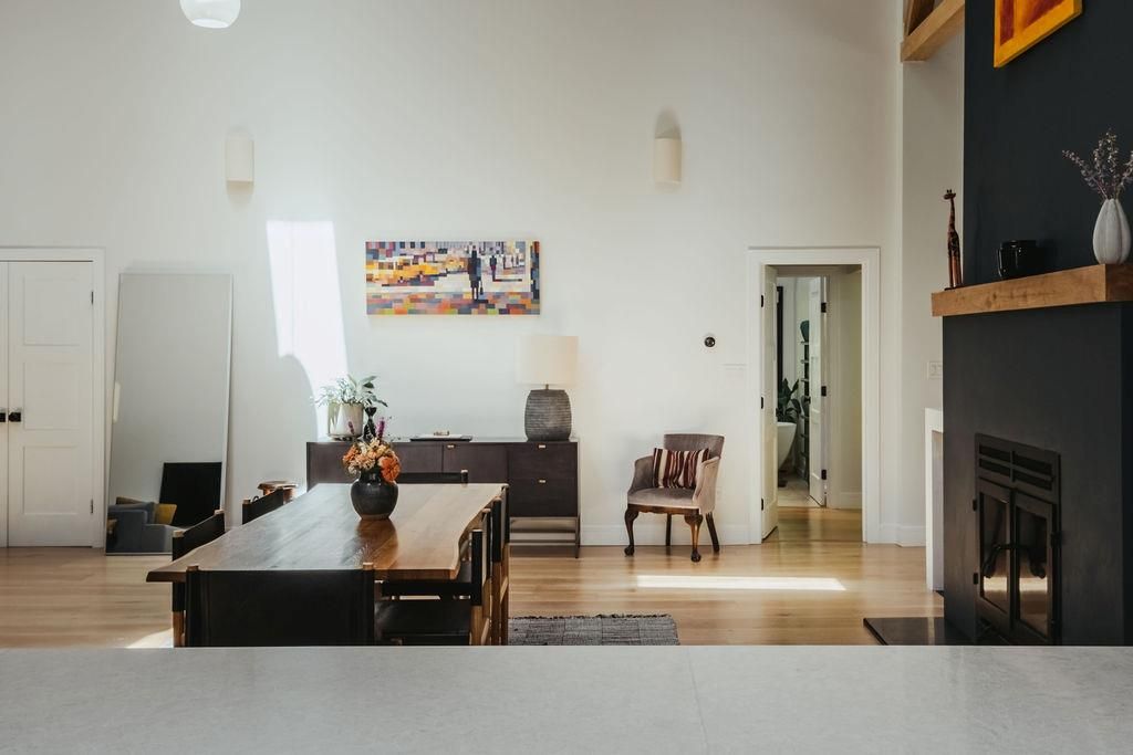 Dining room, Fireplace, Interior, Wood Texture Flooring
