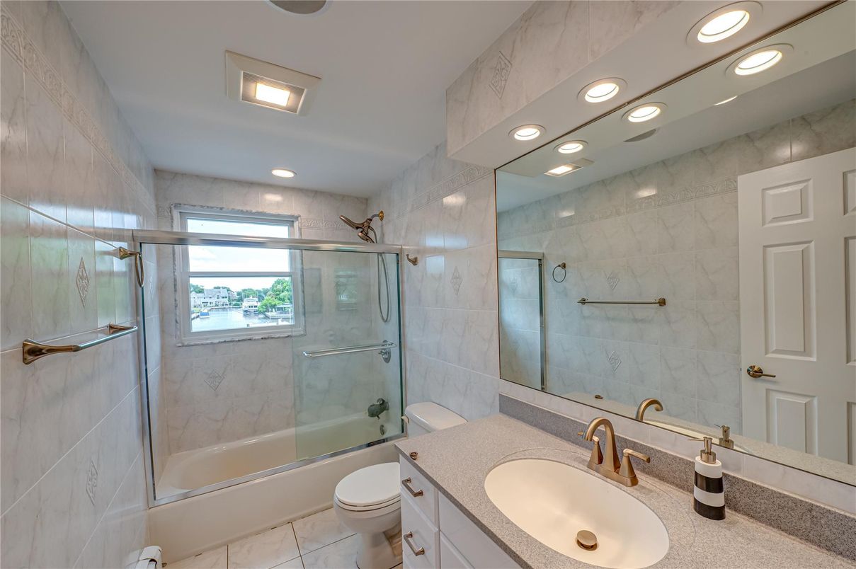 Bathroom, Glass Shower, Interior, Marble Walls, Recessed Lighting