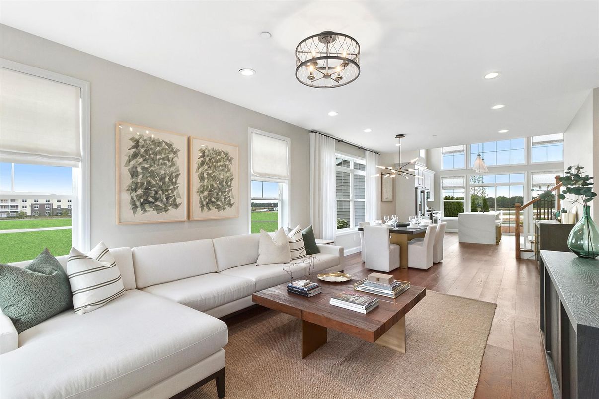 Dining room, Interior, Living room, Pendant Lights, Recessed Lighting, Wood Texture Flooring
