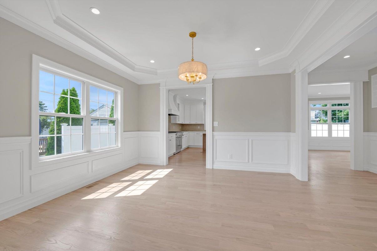 Empty room, Interior, Kitchen, Pendant Lights, Recessed Lighting, Wood Texture Flooring