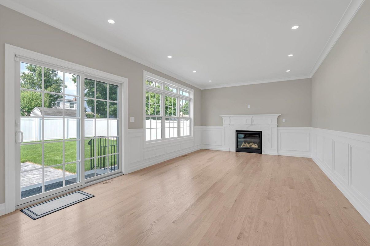 Empty room, Fireplace, Interior, Recessed Lighting, Wood Texture Flooring