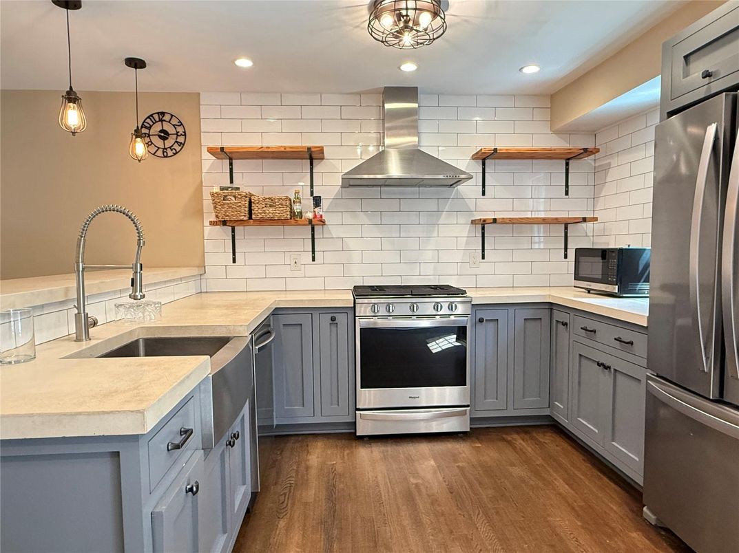 Interior, Kitchen, Pendant Lights, Recessed Lighting, Stainless Steel Appliances, Wood Texture Flooring
