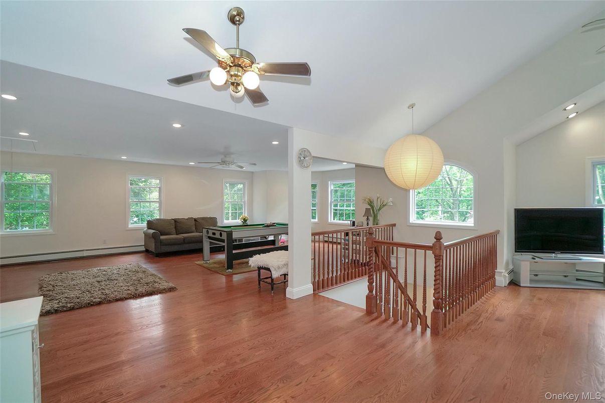 Billiard Table, Game Room, Interior, Pendant Lights, Recessed Lighting, Wood Texture Flooring