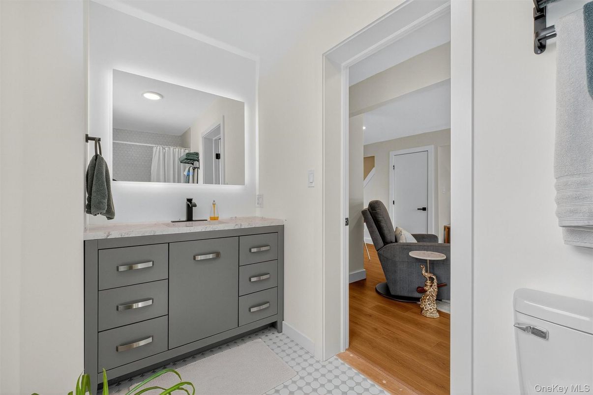 Bathroom, Interior, Recessed Lighting, Wood Texture Flooring