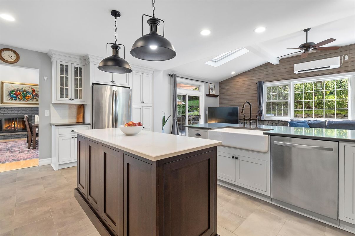 Fireplace, Interior, Kitchen, Pendant Lights, Recessed Lighting, Stainless Steel Appliances