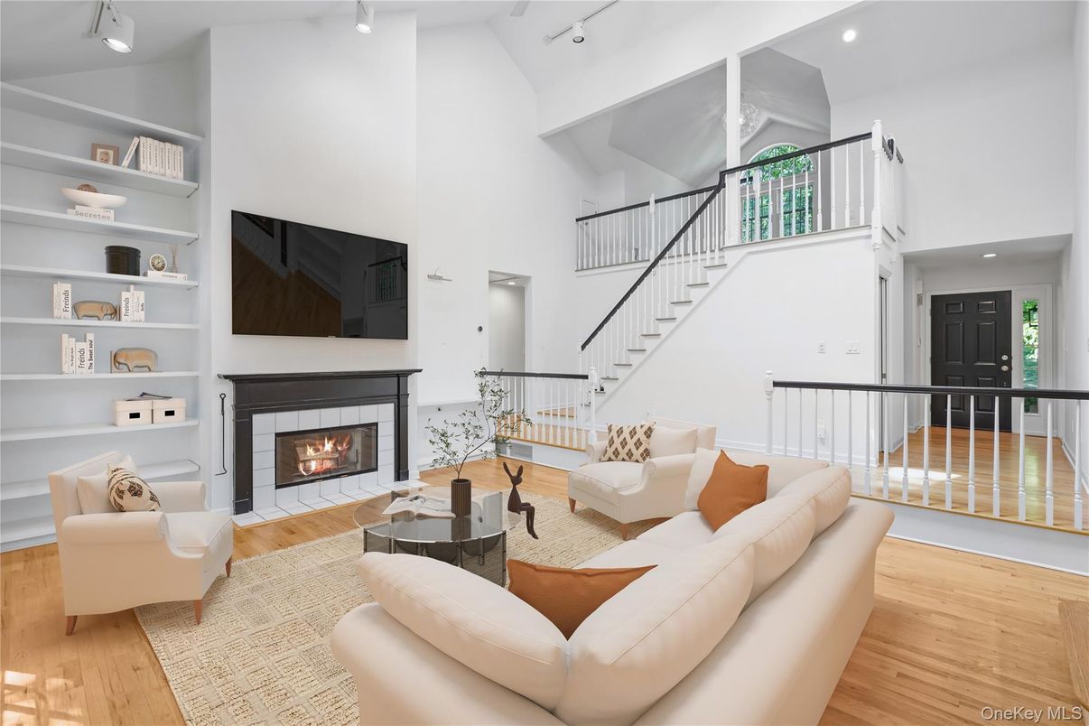 Fireplace, Interior, Living room, Recessed Lighting, Wood Texture Flooring