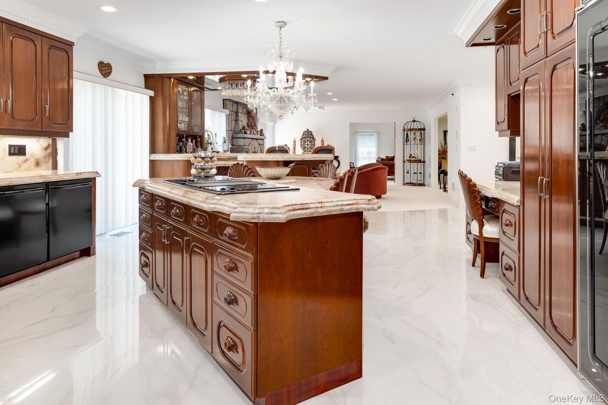 Chandelier, Interior, Kitchen, Marble, Recessed Lighting, Tile Countertops