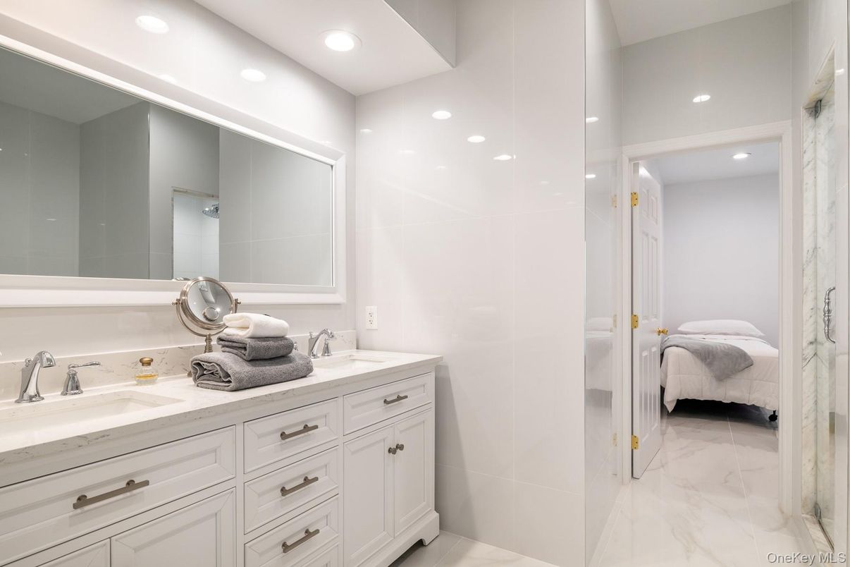 Bathroom, Bedroom, Dual Sink Vanities, Interior, Marble, Recessed Lighting