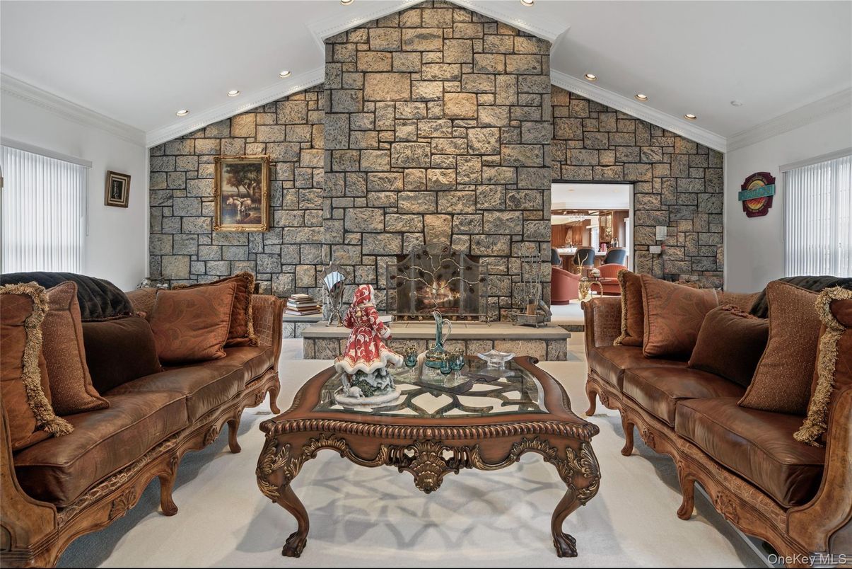 Fireplace, Interior, Living room, Recessed Lighting, Stone Walls