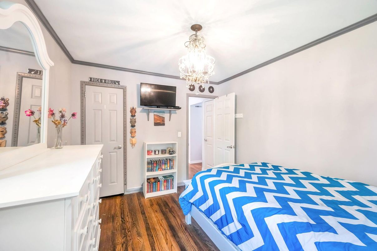 Bedroom, Chandelier, Interior, Wood Texture Flooring