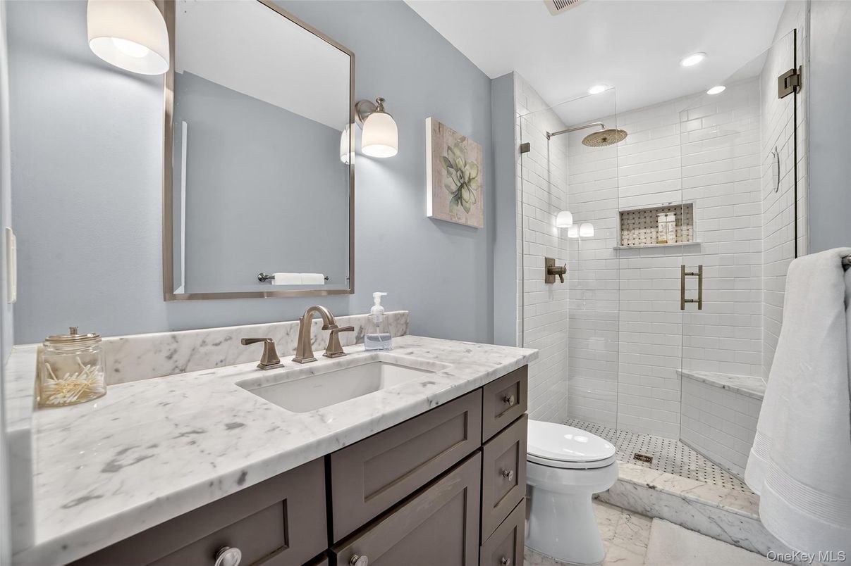 Bathroom, Glass Shower, Interior, Marble, Recessed Lighting