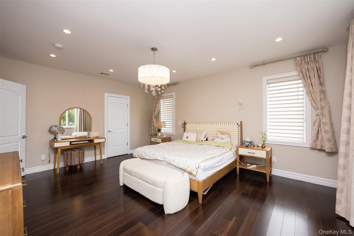 Bedroom, Chandelier, Interior, Recessed Lighting, Wood Texture Flooring
