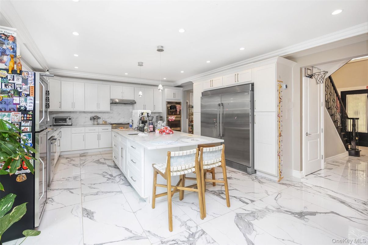 Interior, Kitchen, Marble, Pendant Lights, Recessed Lighting, Stainless Steel Appliances