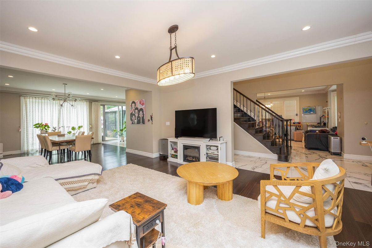 Dining room, Interior, Living room, Marble, Pendant Lights, Recessed Lighting, Wood Texture Flooring