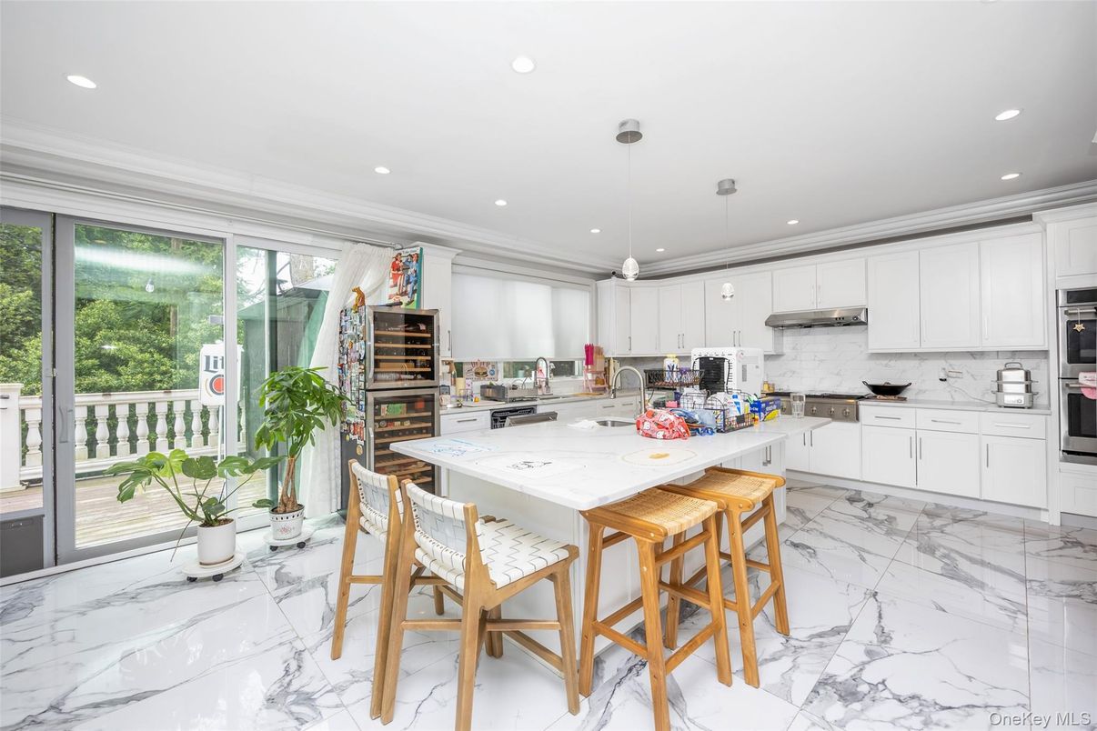 Interior, Kitchen, Marble, Pendant Lights, Recessed Lighting, Stainless Steel Appliances