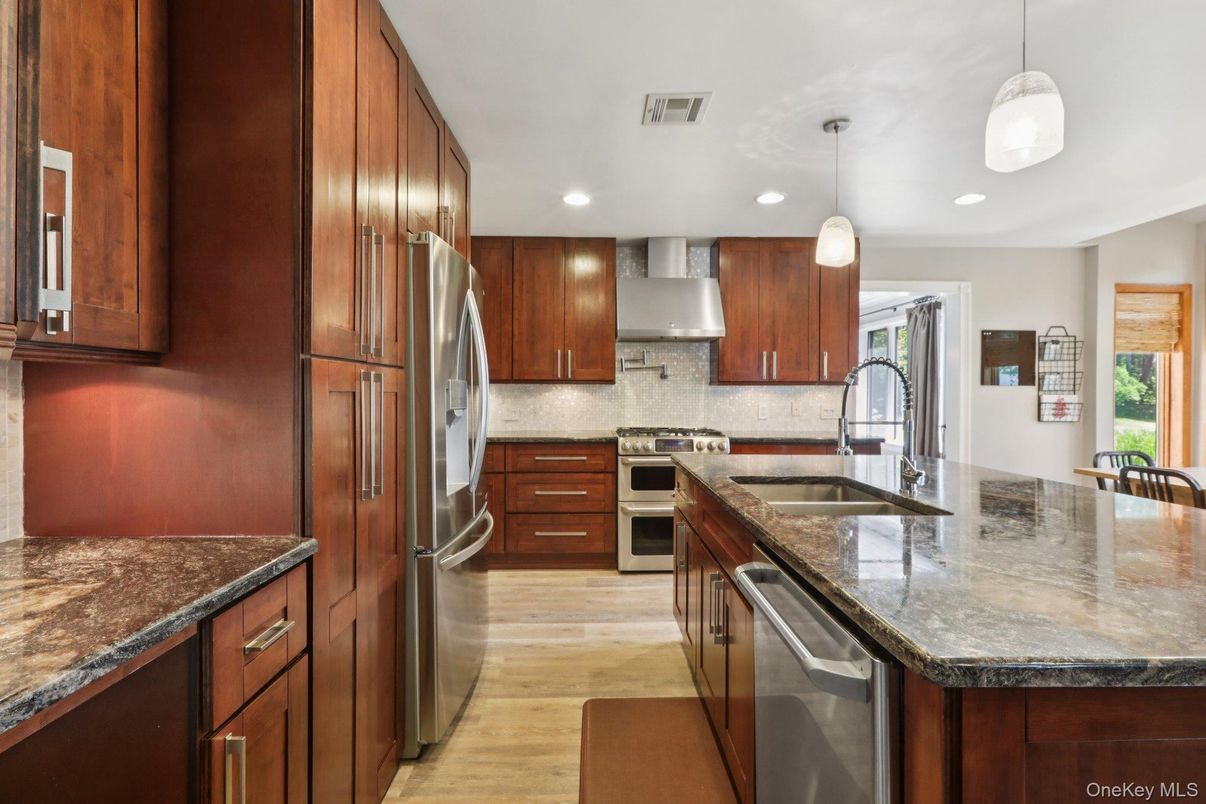 Interior, Kitchen, Pendant Lights, Recessed Lighting, Stainless Steel Appliances, Wood Texture Flooring