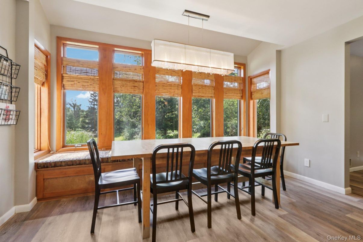 Dining room, Interior, Pendant Lights, Wood Texture Flooring