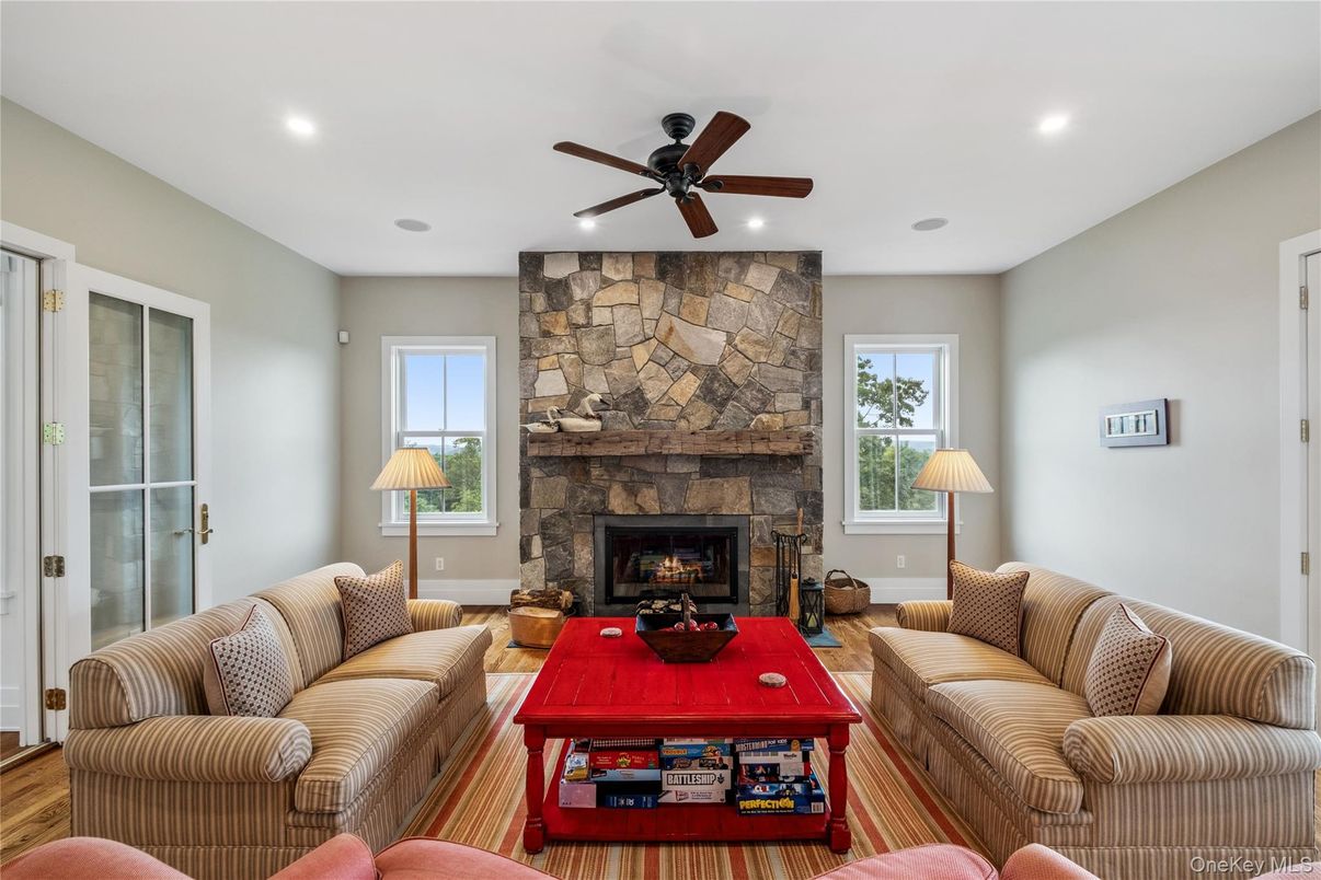 Fireplace, Interior, Living room, Recessed Lighting, Stone Walls