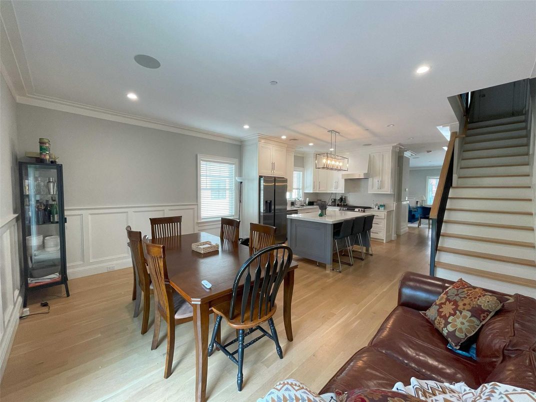 Dining room, Interior, Kitchen, Pendant Lights, Recessed Lighting, Stainless Steel Appliances, Wood Texture Flooring