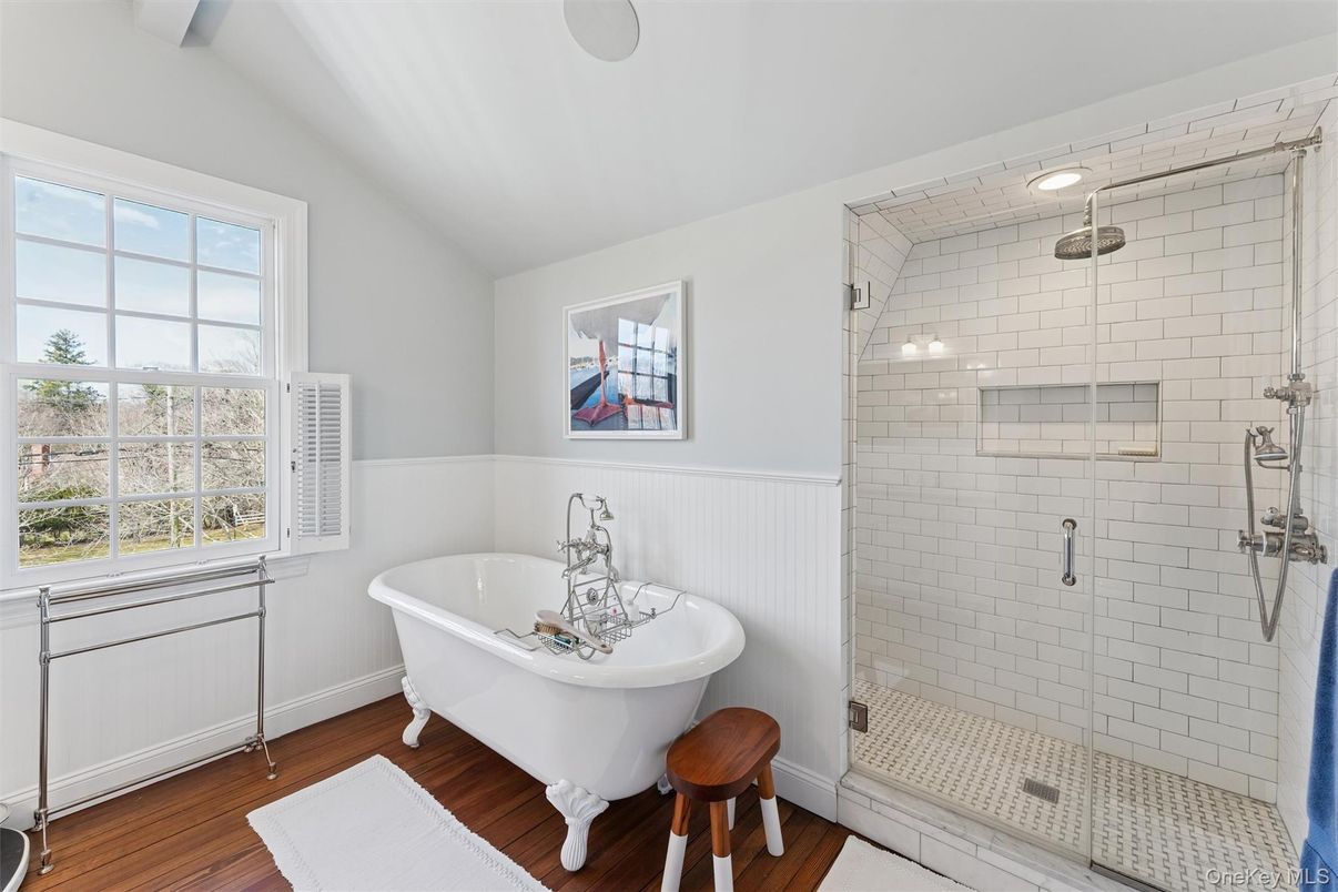 Bathroom, Free Standing Baths, Glass Shower, Interior, Recessed Lighting, Wood Texture Flooring