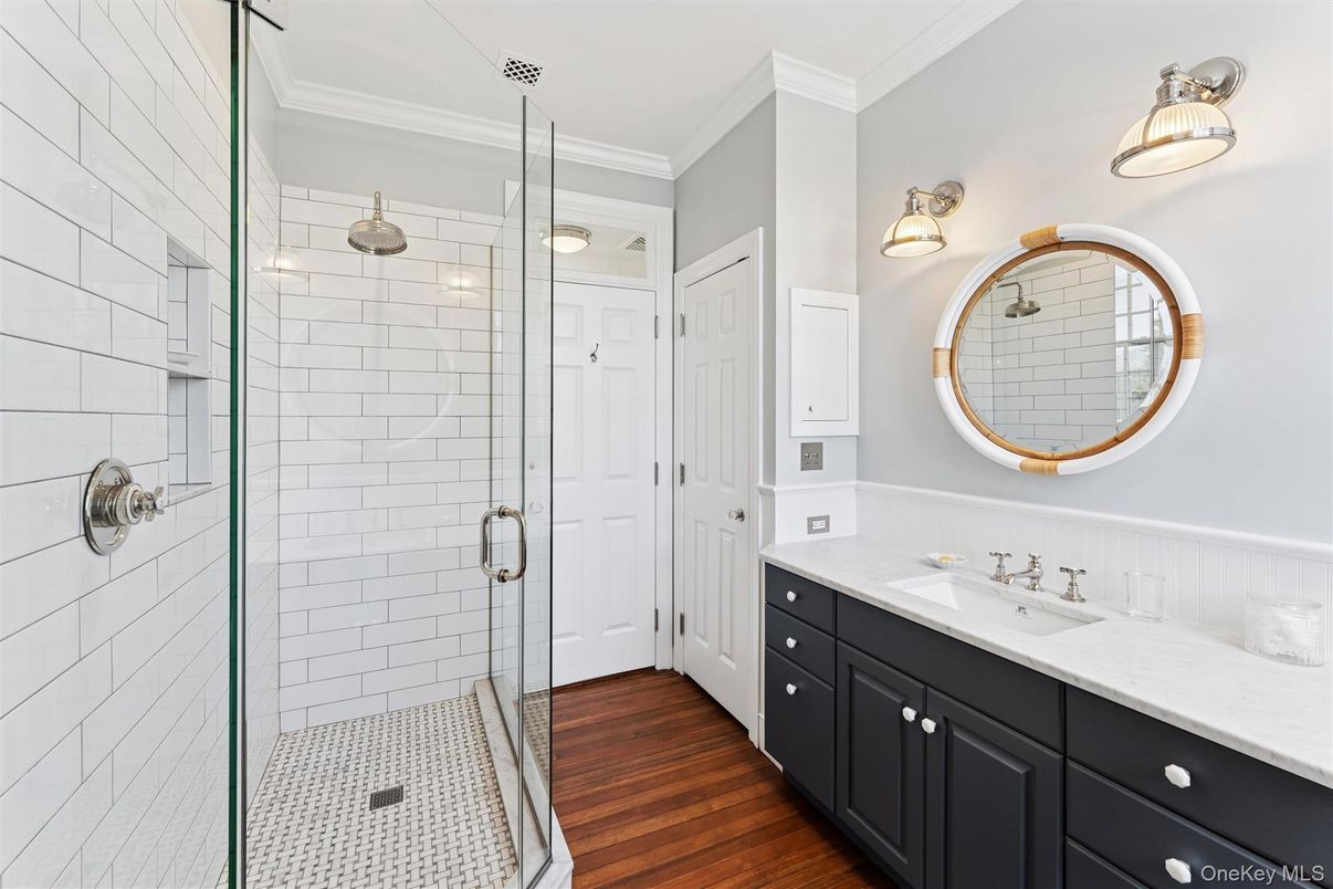 Bathroom, Glass Shower, Interior, Pendant Lights, Wood Texture Flooring