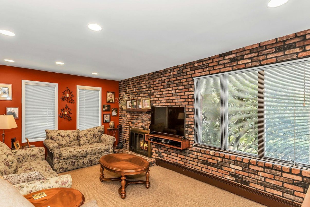 Fireplace, Interior, Living room, Recessed Lighting, Stone Walls