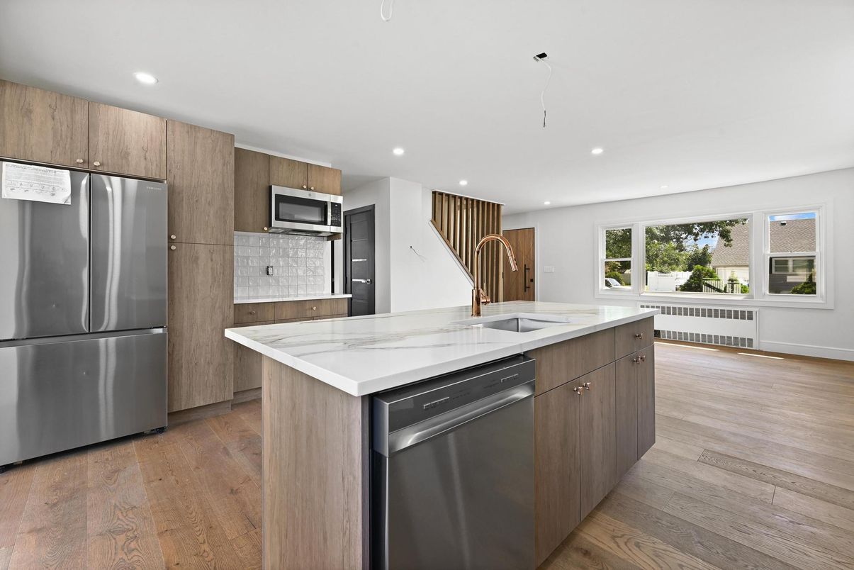 Interior, Kitchen, Recessed Lighting, Stainless Steel Appliances, Wood Texture Flooring
