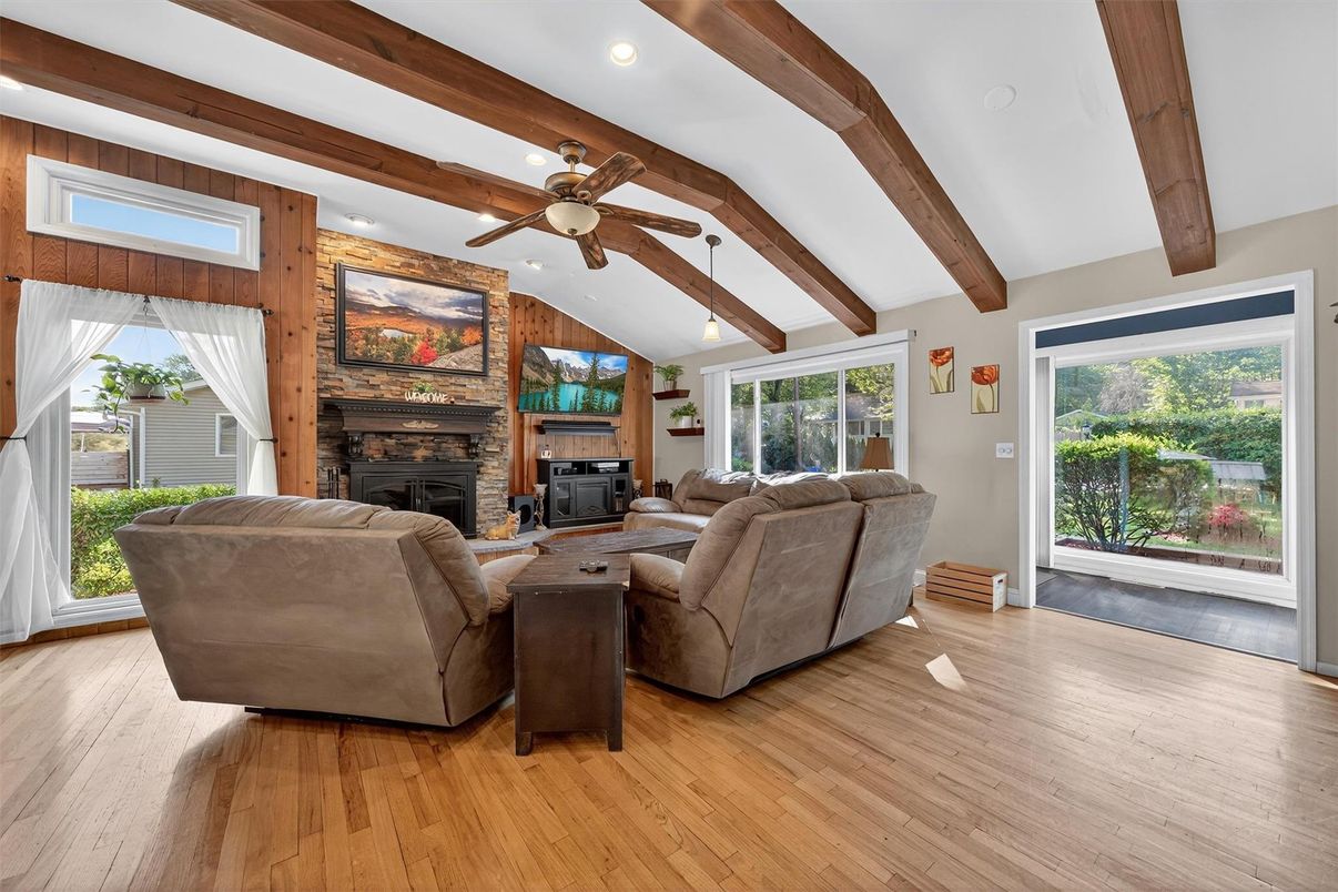 Fireplace, Interior, Living room, Recessed Lighting, Wooden Beams, Wood Texture Flooring, Wooden Walls