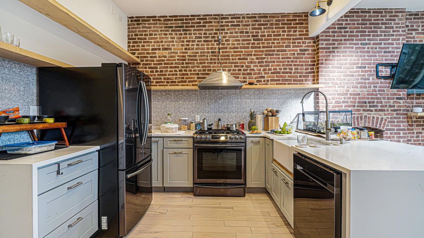 Interior, Kitchen, Stainless Steel Appliances, Stone Walls, Wood Texture Flooring