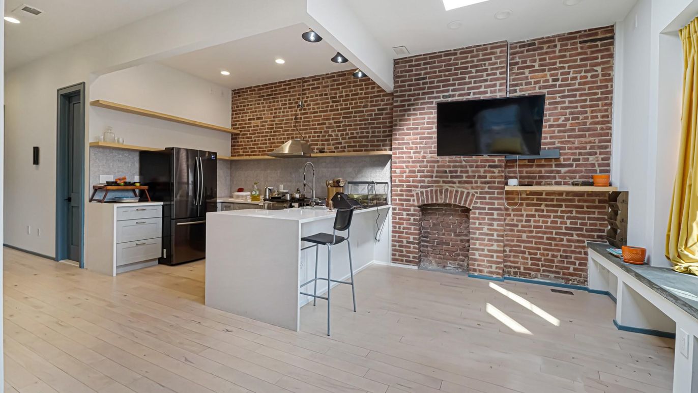 Interior, Kitchen, Recessed Lighting, Stone Walls, Wood Texture Flooring