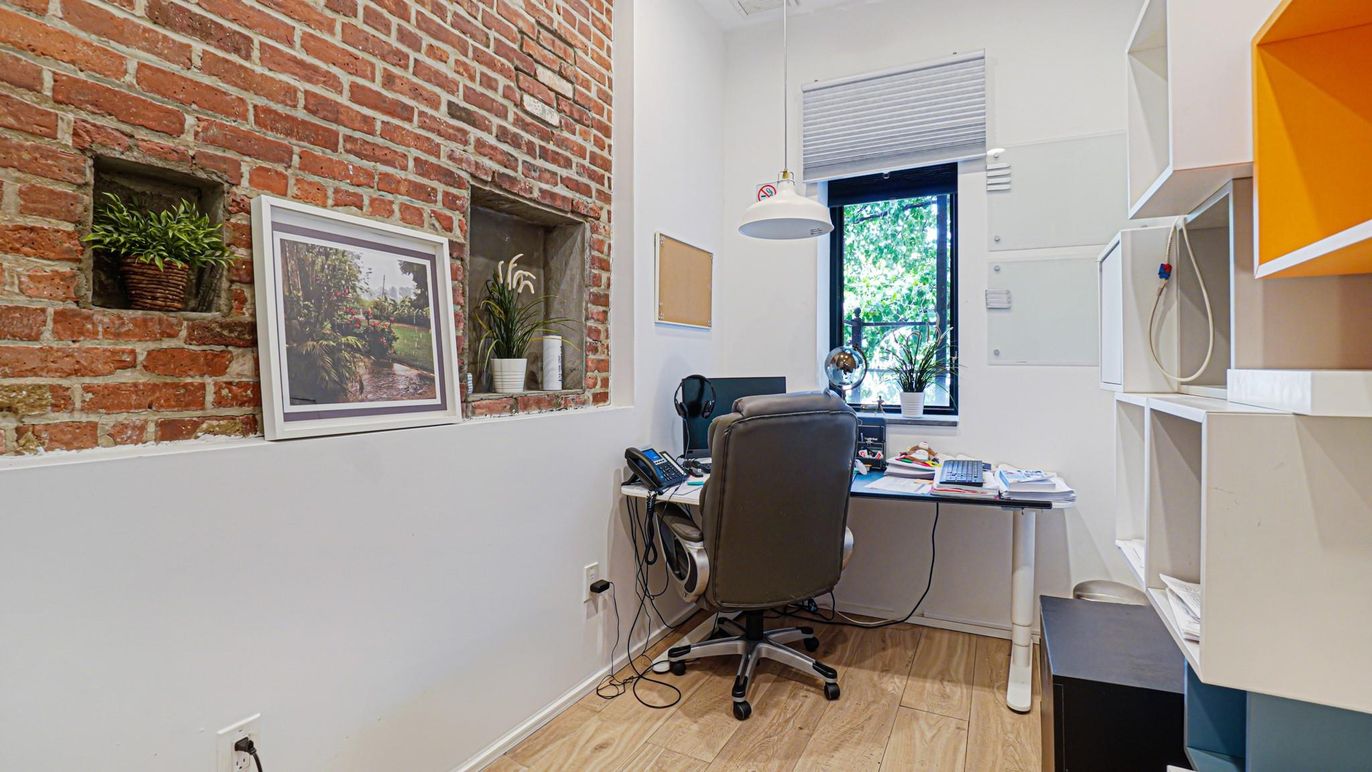 Home Office, Interior, Pendant Lights, Stone Walls, Wood Texture Flooring