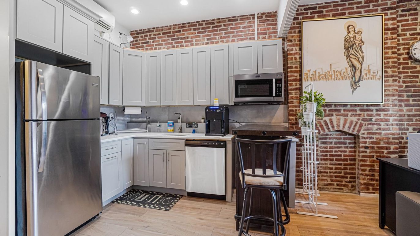 Interior, Kitchen, Recessed Lighting, Stainless Steel Appliances, Stone Walls, Wood Texture Flooring