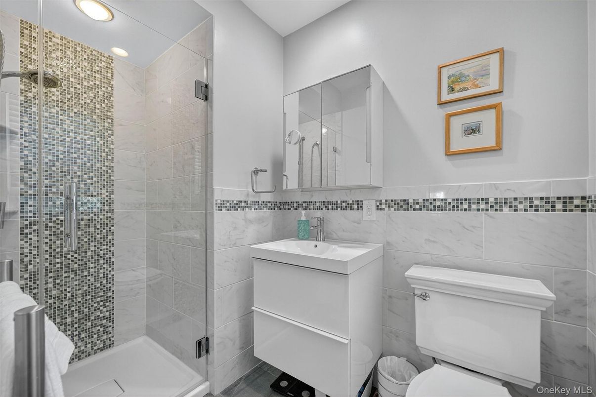 Bathroom, Glass Shower, Interior, Marble Walls, Recessed Lighting