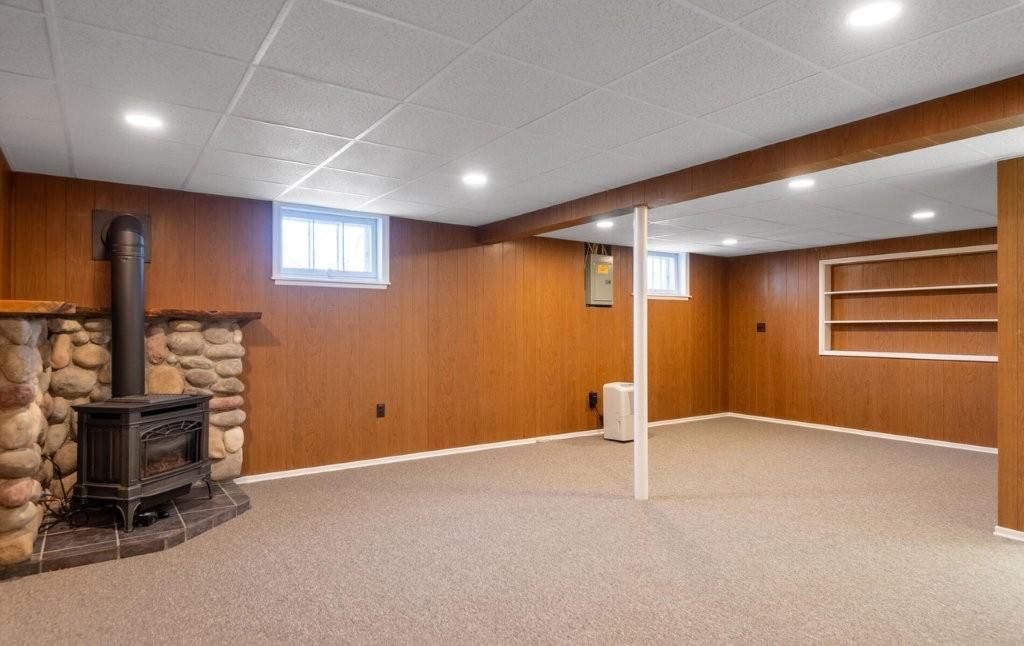 Empty room, Fireplace, Interior, Recessed Lighting, Wooden Walls