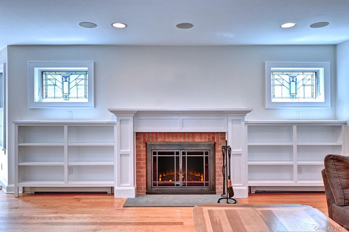 Fireplace, Interior, Recessed Lighting, Wood Texture Flooring