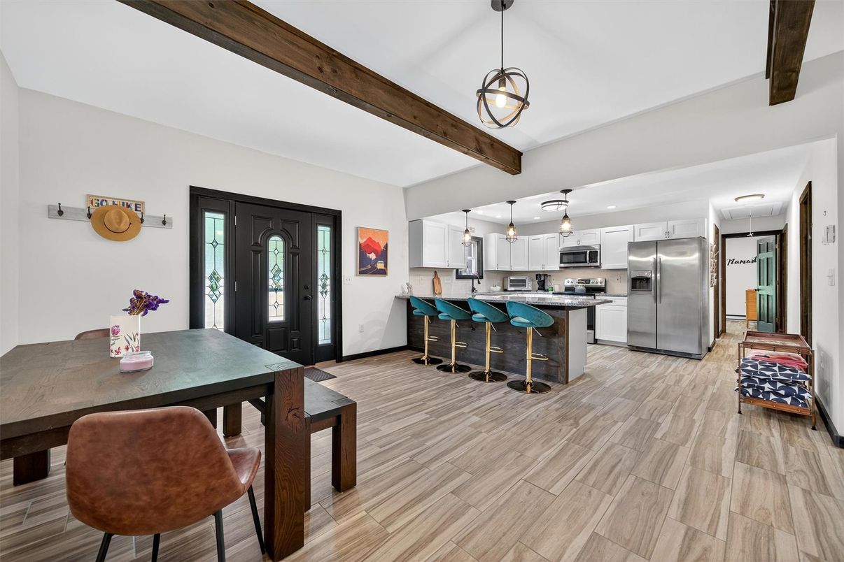 Dining room, Interior, Kitchen, Pendant Lights, Stainless Steel Appliances, Wooden Beams, Wood Texture Flooring