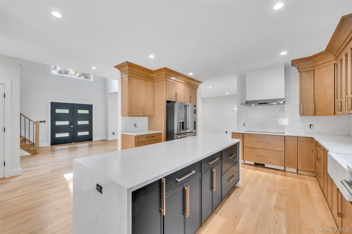 Interior, Kitchen, Marble Walls, Recessed Lighting, Wood Texture Flooring