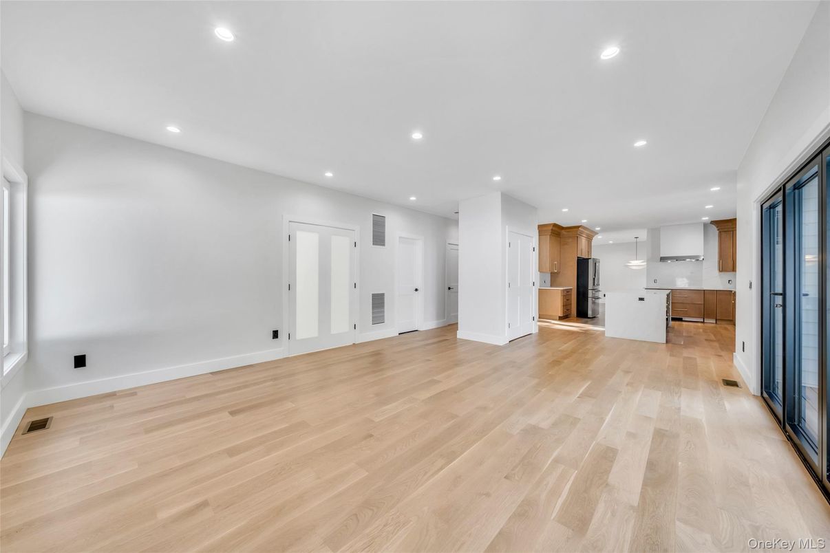 Empty room, Interior, Kitchen, Recessed Lighting, Wood Texture Flooring