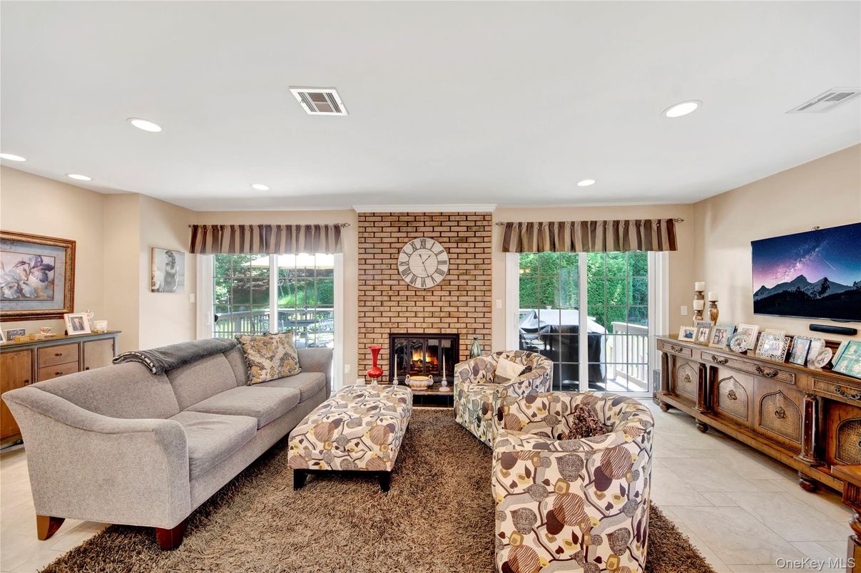 Fireplace, Interior, Living room, Recessed Lighting, Stone Walls