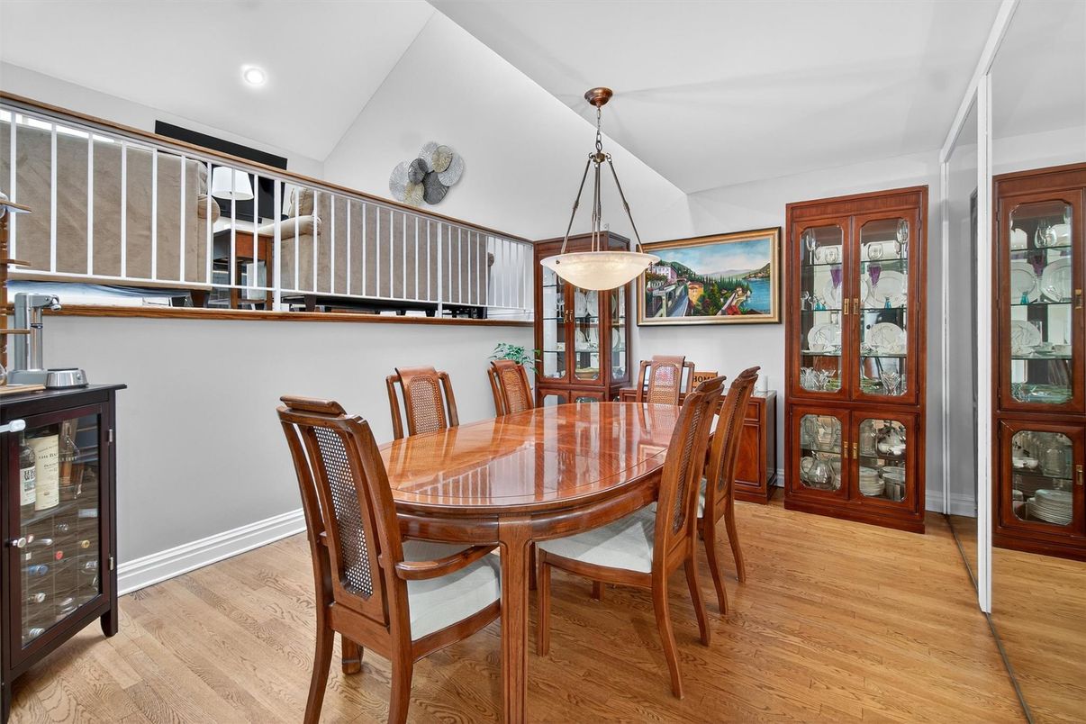 Dining room, Interior, Pendant Lights, Recessed Lighting, Wood Texture Flooring