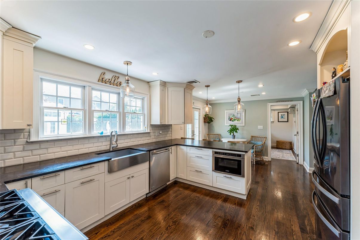 Interior, Kitchen, Pendant Lights, Recessed Lighting, Stainless Steel Appliances, Wood Texture Flooring