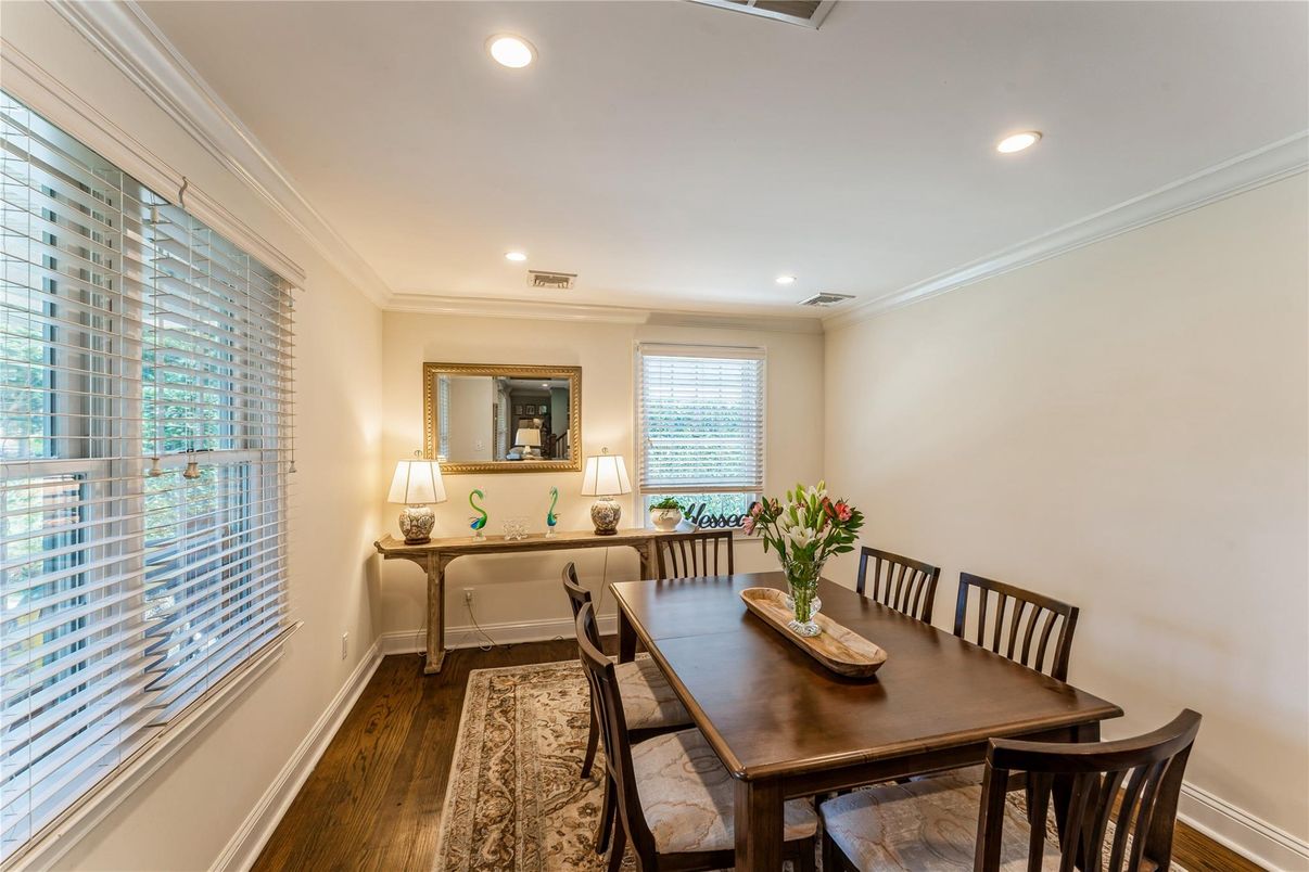 Dining room, Interior, Recessed Lighting, Wood Texture Flooring