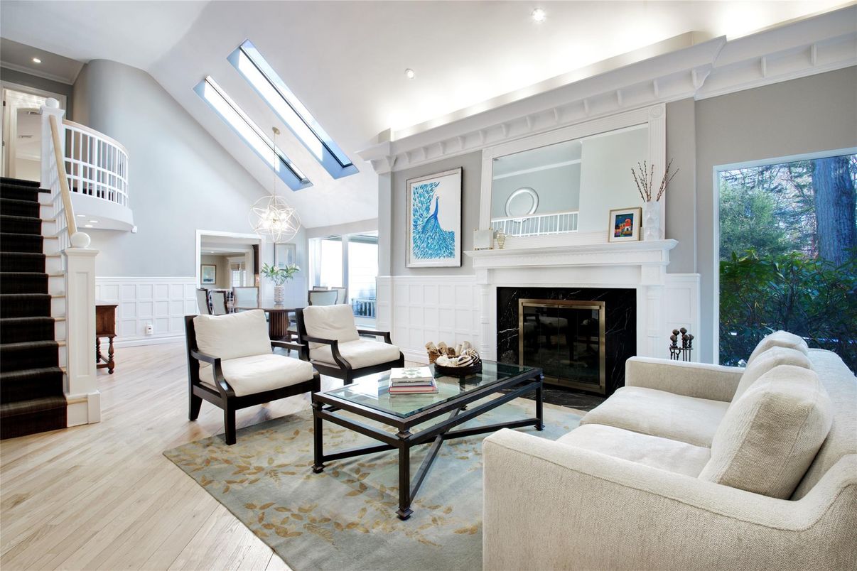 Dining room, Fireplace, Interior, Living room, Recessed Lighting, Wood Texture Flooring