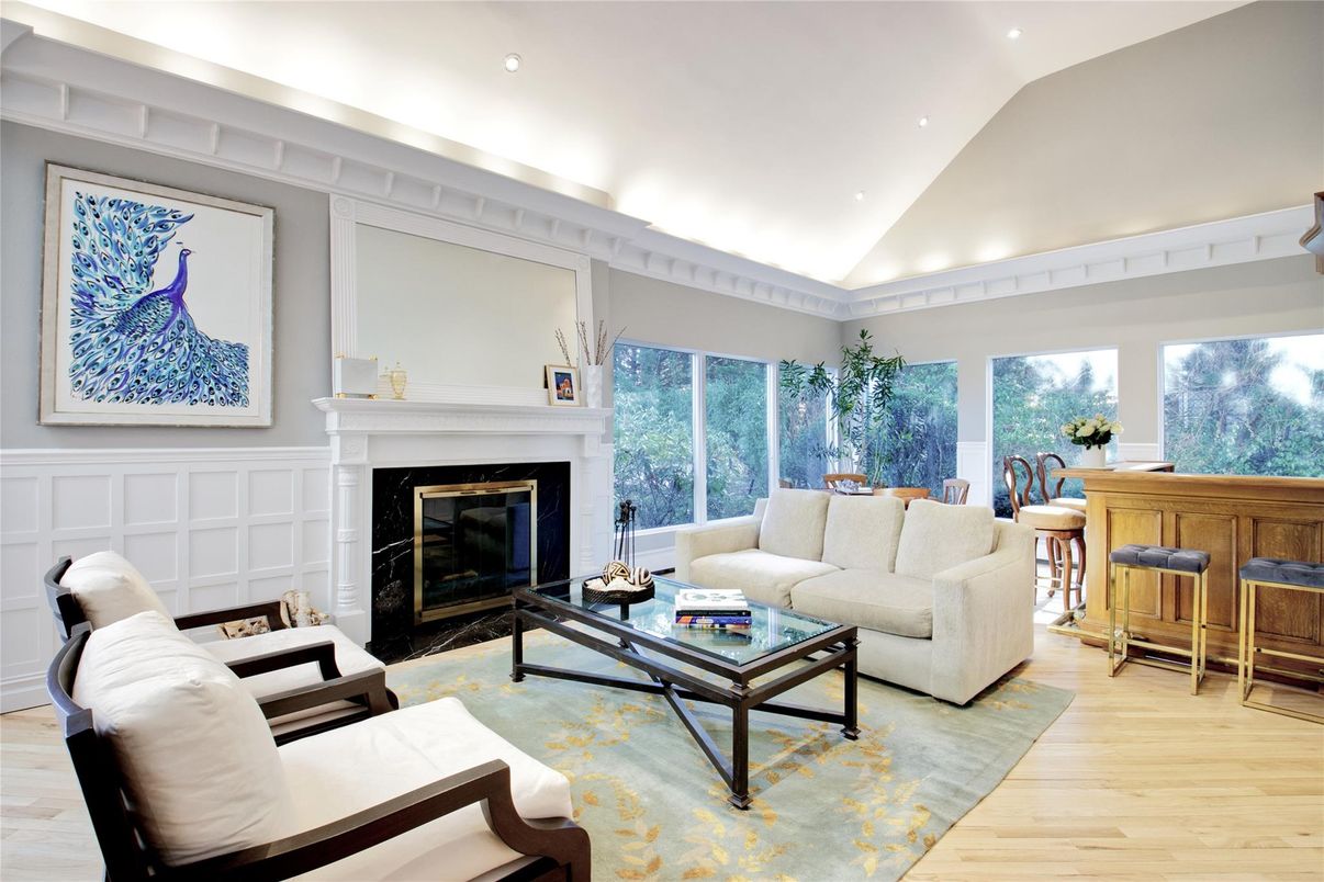 Fireplace, Interior, Living room, Recessed Lighting, Wood Texture Flooring