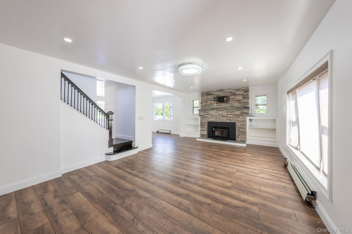 Empty room, Fireplace, Interior, Recessed Lighting, Wood Texture Flooring