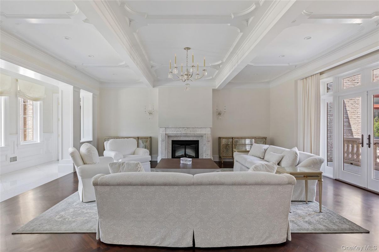 Chandelier, Fireplace, Interior, Living room, Recessed Lighting, Wood Texture Flooring